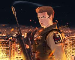 Rule 34 | 1boy, 2020, black gloves, blouse, brown eyes, closed mouth, gloves, green vest, gun, headset, holding, holding gun, holding weapon, looking at viewer, male focus, night, night sky, outdoors, piers nivans, resident evil, resident evil 6, scarf, shirt, sky, solo, twitter username, vest, weapon, white shirt, yumi (soak1111)