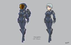 Rule 34 | 1girl, armor, artist name, black bodysuit, bodysuit, breasts, de.calvin, doom (starsector), full body, gloves, grey background, holding, joints, looking at viewer, personification, purple eyes, robot joints, short hair, signature, silver hair, standing, starsector, weapon