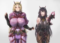 Rule 34 | 2girls, 94579813, absurdres, alternate hairstyle, armor, arms behind back, barghest (fate), barghest (fate) (cosplay), barghest (second ascension) (fate), blonde hair, blush, bodysuit, breasts, closed eyes, cosplay, costume switch, covered abs, earrings, embarrassed, fate/grand order, fate (series), fingerless gloves, gloves, green eyes, grey background, heavy breathing, heterochromia, highres, huge breasts, jewelry, large breasts, long hair, minamoto no raikou (fate), minamoto no raikou (fate) (cosplay), multiple girls, navel, pauldrons, purple bodysuit, red eyes, rope, see-through, shoulder armor, simple background, single pauldron, slit pupils, sweat, tiara, toned, tonko from, vambraces, wide hips