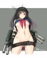 Rule 34 | 10s, 1girl, belt, black gloves, black hair, blush, breasts, cannon, choukai (kancolle), convenient censoring, crop top, crop top overhang, dated, glasses, gloves, grey background, groin, hair ornament, kantai collection, long hair, looking at viewer, midriff, nabeshima tetsuhiro, navel, neckerchief, no pants, one-hour drawing challenge, red eyes, rimless eyewear, school uniform, serafuku, simple background, solo, twitter username, underboob