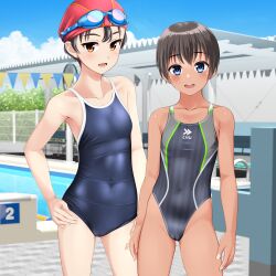 Rule 34 | 2girls, absurdres, bench, black hair, blue eyes, blue one-piece swimsuit, blue sky, brown eyes, cameltoe, cloud, collarbone, commentary request, competition school swimsuit, competition swimsuit, covered navel, day, feet out of frame, flat chest, goggles, goggles on head, grey one-piece swimsuit, hand on own hip, highres, lane line, long hair, multicolored clothes, multicolored swimsuit, multiple girls, one-piece swimsuit, open mouth, original, outdoors, pool, pool ladder, poolside, red headwear, round teeth, school swimsuit, short hair, sky, smile, standing, starting block, string of flags, striped clothes, striped one-piece swimsuit, swim cap, swimsuit, takafumi, tan, teeth, tomboy, upper teeth only, variant set, vertical-striped clothes, vertical-striped one-piece swimsuit