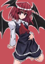 Rule 34 | 1girl, embodiment of scarlet devil, female focus, head wings, koakuma, kurousou, red background, solo, touhou, wings