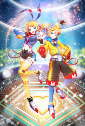 Rule 34 | 1boy, 1girl, :d, alternate costume, belt, black gloves, black neckwear, black pants, blonde hair, blue eyes, blue jacket, brother and sister, fingerless gloves, gloves, hair ornament, hairclip, headphones, headset, highres, jacket, kagamine len, kagamine rin, lengchan (fu626878068), looking at viewer, necktie, open mouth, pants, short hair, shorts, siblings, smile, swept bangs, thighhighs, twins, vocaloid, yellow jacket, yellow thighhighs
