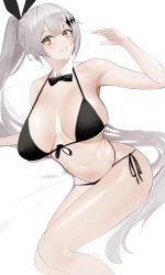 Rule 34 | 1girl, absurdly long hair, animal ears, artist name, bare legs, bikini, black bikini, black bow, black bra, black panties, bow, bowtie, bra, breasts, brown eyes, detached collar, fake animal ears, feet out of frame, five-seven (cruise queen) (girls&#039; frontline), five-seven (girls&#039; frontline), from side, front-tie bikini top, front-tie top, girls&#039; frontline, halterneck, hand on floor, hand up, head tilt, highleg, highleg bikini, highres, kneepits, large breasts, legs, legs together, long hair, looking at viewer, multi-strapped bikini, navel, official alternate costume, on floor, open mouth, panties, ponytail, rabbit ears, saturndxy, silver hair, simple background, skindentation, solo, string bikini, swimsuit, thighs, underwear, very long hair, white background, wide hips