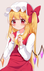 Rule 34 | 1girl, :&lt;, alternate hair length, alternate hairstyle, ascot, blonde hair, blush, bow, breasts, contrapposto, crystal, flandre scarlet, grey background, hair bow, hair flowing over, hands up, hat, highres, holding, holding hair, long hair, long sleeves, looking at viewer, mob cap, one side up, red bow, red eyes, shinonome asu, shirt, simple background, small breasts, solo, touhou, very long hair, white shirt, wings, yellow ascot