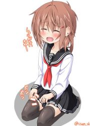 Rule 34 | 10s, 1girl, anchor symbol, blush, brown hair, commentary request, closed eyes, fang, hair ornament, hairclip, ikazuchi (kancolle), jewelry, kantai collection, neckerchief, open mouth, red neckerchief, ring, school uniform, seiza, serafuku, short hair, sitting, skirt, solo, thighhighs, translation request, tsunsuki (naobe009), twitter username, wedding band