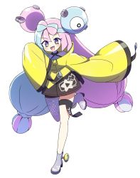 Rule 34 | 1girl, absurdres, bow-shaped hair, character hair ornament, creatures (company), game freak, grey pantyhose, hair ornament, hexagon print, highres, iono (pokemon), jacket, long hair, low-tied long hair, multicolored hair, nintendo, oversized clothes, pantyhose, pokemon, pokemon sv, sharp teeth, single leg pantyhose, sleeves past fingers, sleeves past wrists, solo, split-color hair, teeth, very long sleeves, x, yellow jacket, yukki bunny