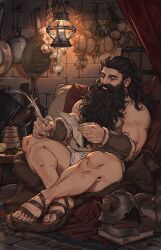Rule 34 | 1boy, absurdres, arm guards, bara, bare legs, basket, beard, beard over mouth, belly, black hair, blurry, book, brick wall, candle, chopsticks, closed mouth, comic panel redraw, connected beard, cooking pot, corner, crossed ankles, curtains, depth of field, derivative work, dungeon meshi, dwarf, facial hair, fake horns, food, fruit, frying pan, full beard, full body, garlic, hair pulled back, half updo, hanging food, hanging light, helmet, herb, herb bundle, highres, holding, holding paper, holding quill, horned helmet, horns, kettle, kitchen knife, leather, lemon, long beard, long hair, looking down, male focus, mature male, muscular, muscular male, mushroom, mustache, night, nyeigneous, official alternate hairstyle, paper, pelt, potato, quill, reading, rug, sandals, senshi (dungeon meshi), sheath, sheathed, shirt, shorts, sitting, sleeveless, sleeveless shirt, solo, sparse leg hair, stool, strainer, thick beard, thick eyebrows, thick mustache, unworn armor, unworn headwear, unworn helmet, very long beard, white shorts, wrinkled skin