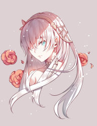 Rule 34 | 1girl, anastasia (fate), blue eyes, choker, collarbone, cropped torso, fate/grand order, fate (series), floating hair, flower, grey background, hairband, highres, long hair, looking at viewer, red flower, red rose, rose, silver hair, simple background, solo, very long hair, xion32