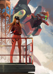 Rule 34 | 1girl, animal hat, black bodysuit, black hat, bodysuit, bodysuit under clothes, cat hat, clayscence, cloud, commentary, english commentary, evangelion: 3.0 you can (not) redo, evangelion (mecha), eyepatch, hand in pocket, hat, jacket, long hair, looking at viewer, mecha, multicolored clothes, multicolored jacket, neon genesis evangelion, orange hair, outdoors, plugsuit, rebuild of evangelion, red bodysuit, red jacket, robot, science fiction, shaded face, skin tight, solo, souryuu asuka langley, two-tone bodysuit, two-tone jacket, white jacket