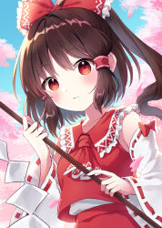 Rule 34 | 1girl, ascot, bare shoulders, blush, bow, brown hair, closed mouth, detached sleeves, gohei, hair between eyes, hair bow, hair tubes, hakurei reimu, hands up, holding, japanese clothes, long hair, nontraditional miko, perfect cherry blossom, red ascot, red bow, red eyes, red skirt, ribbon-trimmed sleeves, ribbon trim, sidelocks, skirt, solo, suzuno naru, touhou, upper body, white sleeves, wide sleeves