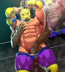 Rule 34 | 2boys, abs, animal ears, animal head, armpits, arms up, bara, bulge, censored, clothes pull, commentary request, crowd, dark-skinned male, dark skin, erection, feet out of frame, frottage, furry, furry male, furry with non-furry, grabbing, hand under clothes, handjob, interspecies, jaguar boy, jaguar ears, jaguar tail, king (tekken), large pectorals, leggings, male focus, male pubic hair, mosaic censoring, motion blur, multiple boys, muscular, muscular male, navel, nipples, pectoral grab, pectorals, penis, pubic hair, purple legwear, sakuramarusan, shorts, shorts pull, stomach, sweat, tail, tekken, thick thighs, thigh sex, thighs, topless male, very dark skin, wrestling outfit, wrestling ring
