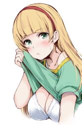 Rule 34 | 1girl, blonde hair, blunt bangs, blush, bra, breasts, cleavage, closed mouth, clothes lift, commentary request, gengoroh, green eyes, green shirt, hair behind ear, hairband, heanna sumire, highres, large breasts, long hair, looking at viewer, love live!, love live! superstar!!, red hairband, selfie, shirt, shirt lift, simple background, single bare shoulder, solo, underwear, upper body, white background, white bra