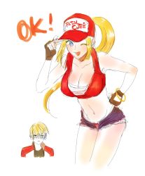 Rule 34 | 1boy, 1girl, bent over, breasts, cleavage, crop top, denim, denim shorts, fatal fury, garou: mark of the wolves, genderswap, genderswap (mtf), hand on own hip, hat tip, highres, long hair, looking at viewer, micro shorts, ponytail, rock howard, short shorts, shorts, simple background, smile, snk heroines: tag team frenzy, terry bogard, the king of fighters, white background