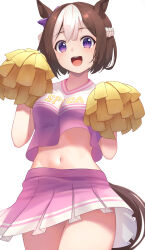 Rule 34 | 1girl, absurdres, alternate costume, animal ears, bare shoulders, bow, brown hair, commentary request, cowboy shot, cropped shirt, ear bow, hair between eyes, highres, holding, holding pom poms, horse ears, horse girl, horse tail, looking at viewer, midriff, multicolored hair, navel, pink shirt, pom pom (cheerleading), pom poms, purple bow, purple eyes, shirt, simple background, sleeveless, sleeveless shirt, solo, special week (umamusume), streaked hair, tail, uine (bobhairshuki), umamusume, white background, white hair