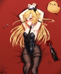 Rule 34 | 1girl, 1other, absurdres, alcohol, armband, armpits, arms up, artist logo, azur lane, bed, bird, black leotard, black neckwear, black pantyhose, blonde hair, blush, bottle, bound, breasts, chick, cleavage, cleveland (azur lane), cup, detached collar, drinking glass, embarrassed, highres, leotard, long hair, looking to the side, lying, manjuu (azur lane), necktie, nose blush, one side up, pantyhose, playboy bunny, rabbit tail, red eyes, restrained, sonaworld, spill, star tattoo, strapless, strapless leotard, tail, tattoo, thighband pantyhose, wine, wine glass, wrist cuffs