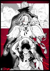 Rule 34 | 1girl, 2boys, absurdres, aged down, angel wings, before and after, black hair, blush, breasts, child, dress, father and daughter, happy, hat, highres, holding, holding sword, holding weapon, jolly roger, large breasts, looking at viewer, looking to the side, monkey d. luffy, monochrome, multicolored hair, multiple boys, multiple views, official alternate costume, one piece, one piece film: red, red background, red eyes, scar, scar across eye, shanks (one piece), short hair, simple background, skull print, standing, straw hat, sword, tears, two-tone hair, uta (one piece), weapon, white dress, wings, yotsumi shiro