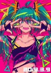Rule 34 | 1girl, ahoge, aqua eyes, aqua hair, berryverrine, breasts, collarbone, cropped vest, cross, dated, double w, earrings, fingerless gloves, gloves, hair ornament, hairclip, hands up, hatsune miku, highres, jewelry, lightning bolt symbol, long hair, looking at viewer, nail polish, off-shoulder shirt, off shoulder, open clothes, open mouth, open vest, pink background, purple gloves, shirt, sidelocks, solo, symbol-shaped pupils, teeth, torn clothes, torn shirt, triangle, twintails, upper body, upper teeth only, very long hair, vest, vocaloid, w