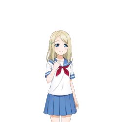 Rule 34 | 10s, 1girl, artist request, ayase alisa, blonde hair, blue eyes, blue skirt, blush, closed mouth, hair ornament, hairclip, long hair, looking at viewer, love live!, love live! school idol festival, love live! school idol project, neckerchief, official art, parted bangs, pleated skirt, school uniform, serafuku, short sleeves, simple background, skirt, smile, solo, standing, white background