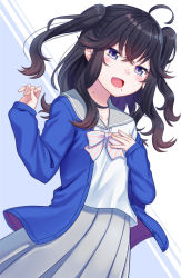 Rule 34 | 1girl, :d, ahoge, blue cardigan, blue eyes, blush, bow, bowtie, cardigan, commentary request, cowboy shot, gradient hair, grey sailor collar, grey shirt, grey skirt, greyscale, hand on own chest, hand up, izumo kasumi (nijisanji), long hair, long sleeves, mizunashi hayate, mole, mole on neck, mole under mouth, monochrome, multicolored hair, nijisanji, open cardigan, open clothes, open mouth, pleated skirt, sailor collar, shirt, sidelocks, skirt, smile, solo, striped bow, striped bowtie, striped clothes, striped neckwear, two-tone background, two side up, unbuttoned, virtual youtuber