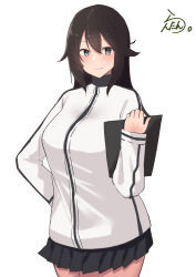 Rule 34 | 1girl, absurdres, alternate hair length, alternate hairstyle, artist logo, artist name, black hair, black skirt, clipboard, cowboy shot, grey eyes, hand on own hip, hayasui (kancolle), highres, jacket, kantai collection, lanthan, long hair, looking at viewer, pleated skirt, simple background, skirt, smile, solo, track jacket, white background