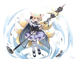 Rule 34 | 1girl, 2022, animal ears, apron, arknights, arm up, bare shoulders, black footwear, black gloves, blonde hair, blue hairband, braid, braided hair rings, cape, commentary request, fox ears, fox girl, fox tail, gloves, green eyes, hair rings, hairband, highres, holding, holding polearm, holding weapon, kalun (fwme3378), kitsune, looking at viewer, material growth, multicolored hair, open mouth, oripathy lesion (arknights), pantyhose, pleated skirt, polearm, purple skirt, shirt, shoes, signature, simple background, single glove, skirt, solo, spear, suzuran (arknights), tail, torn clothes, torn pantyhose, twin braids, two-tone hair, waist apron, weapon, white apron, white background, white cape, white hair, white pantyhose, white shirt