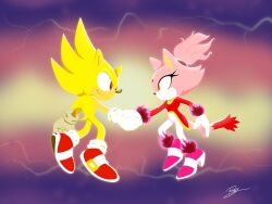 Rule 34 | 1boy, 1girl, absurdres, blaze the cat, burning blaze, cat girl, cat tail, eyelashes, fire, forehead jewel, furdy, gloves, gold necklace, handshake, high heels, highres, jacket, jewelry, necklace, pants, pink footwear, pink fur, red eyes, red footwear, red jacket, sonic (series), sonic rush, sonic the hedgehog, super sonic, tail, white pants, yellow eyes, yellow fur