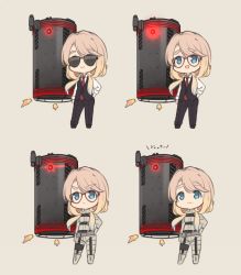 Rule 34 | 1girl, :d, black footwear, black pants, black vest, blonde hair, blue eyes, blue hair, blush, bodysuit, brown background, chibi, closed mouth, collared shirt, commentary request, copyright request, formal, glasses, glowing, gradient hair, grey bodysuit, hand on own hip, long hair, long sleeves, low twintails, metal gear (series), metal gear solid: peace walker, metal gear solid 3: snake eater, mole, mole under mouth, multicolored hair, multiple views, natsuki teru, necktie, open mouth, pant suit, pants, red-framed eyewear, red neckwear, shirt, shoes, smile, suit, sunglasses, thick eyebrows, translation request, twintails, v-shaped eyebrows, very long hair, vest, white shirt