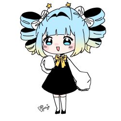 Rule 34 | 1girl, :d, antennae, artist self-insert, black dress, blonde hair, blue eyes, blue hair, chibi, dress, drill hair, gradient hair, hair intakes, hair ribbon, highres, jelly hoshiumi, jelly hoshiumi (artist), multicolored hair, open mouth, phase connect, ribbon, sketch, sleeves past fingers, sleeves past wrists, smile, socks, solo, twin drills, virtual youtuber, white ribbon, yellow ribbon