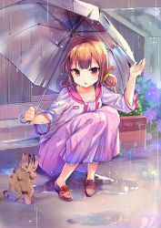 Rule 34 | 1girl, animal, brown eyes, brown footwear, brown hair, cat, commentary request, dress, floral print, flower, hair ornament, hair rings, hair scrunchie, hand up, holding, holding umbrella, hydrangea, jacket, jin young-in, loafers, long skirt, long sleeves, open clothes, open jacket, open mouth, original, outdoors, pink dress, print dress, puddle, purple flower, rain, scrunchie, shoes, skirt, solo, squatting, transparent, transparent umbrella, umbrella, wet, white jacket, yellow scrunchie