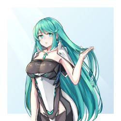Rule 34 | 1girl, bare arms, bare shoulders, blush, breasts, chest jewel, cowboy shot, earrings, green eyes, green hair, hair down, highres, jewelry, large breasts, long hair, looking at viewer, pneuma (xenoblade), sarasadou dan, solo, spoilers, swept bangs, very long hair, xenoblade chronicles (series), xenoblade chronicles 2