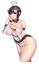 Rule 34 | 1girl, bad id, bad pixiv id, bare shoulders, belly chain, black hair, blunt bangs, body writing, breasts, breasts out, brown eyes, collarbone, detached sleeves, dress, eyeshadow, hair ribbon, halo, halterneck, hand on own cheek, hand on own chest, hand on own face, huge breasts, jewelry, lipgloss, lips, long hair, looking at viewer, mabinogi, mabinogi heroes, makeup, no bra, parted lips, pelvic curtain, ribbon, shiny skin, side slit, sidelocks, simple background, sleeveless, sleeveless dress, solo, tachibana-san, thighs, tress ribbon, watermark, web address, white background, white dress