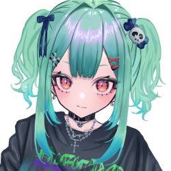 Rule 34 | 1girl, alternate hairstyle, aqua hair, bad id, bad twitter id, bow, bug, butterfly, chain, chain necklace, choker, cross, cross necklace, earrings, eyelashes, fang, hair bow, hair ornament, highres, hololive, insect, jewelry, kmgrru, necklace, orange eyes, short twintails, simple background, skin fang, skull earrings, skull hair ornament, skull necklace, solo, twintails, upper body, uruha rushia, virtual youtuber, x hair ornament