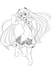 Rule 34 | 1girl, absurdres, detached sleeves, greyscale, hatsune miku, highres, kazenoko, long hair, looking at viewer, monochrome, necktie, open mouth, simple background, skirt, smile, solo, twintails, very long hair, vocaloid, white background