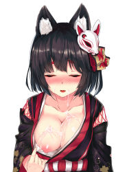 Rule 34 | 1girl, animal ear fluff, animal ears, azur lane, black hair, black kimono, blunt bangs, blush, breasts, cat ears, cat mask, closed eyes, collarbone, cum, cum on body, cum on breasts, cum on upper body, facial, fang, fox mask, hair ornament, highres, japanese clothes, karo-chan, kimono, kimono pull, large breasts, looking at viewer, mask, mask on head, medium hair, nipples, no bra, one breast out, print kimono, solo, straight hair, thick eyebrows, upper body, white background, wide sleeves, yamashiro (azur lane)