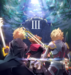 Rule 34 | 4boys, armor, back, black coat, black coat (kingdom hearts), blonde hair, brown hair, cloud, cloudy sky, coat, commentary request, holding, holding sword, holding weapon, hood, hooded coat, hooded jacket, jacket, keyblade, kingdom hearts, kingdom hearts iii, male focus, multiple boys, night, oathkeeper, organization xiii, roman numeral, roxas, sky, sora (kingdom hearts), spiked hair, sword, tsuezu, ventus (kingdom hearts), weapon, xehanort