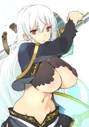 Rule 34 | 1girl, :&lt;, alice soft, breasts, cleavage, covered erect nipples, evenicle, female focus, lance, large breasts, long hair, looking at viewer, midriff, navel, orion (orionproject), polearm, ramius, ramius dreissen, red eyes, simple background, solo, underboob, weapon, white background, white hair