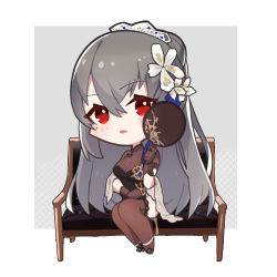 Rule 34 | 1girl, akutaa, azur lane, black legwear, chibi, chinese clothes, cleavage, couch, gloves, grey hair, hair between eyes, hair ornament, hand fan, highres, holding, holding fan, mole, mole under eye, official alternate costume, red eyes, saint-louis (alluring administrator) (azur lane), saint-louis (azur lane), see-through, see-through cleavage, sitting, solo