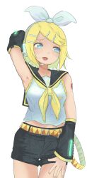 Rule 34 | 1girl, arm up, armpits, black shorts, blonde hair, blue eyes, blush, bow, cowboy shot, detached sleeves, embarrassed, hair bow, hair ornament, hairclip, headphones, headset, highres, kagamine rin, kakitome, looking to the side, neckerchief, open mouth, sailor collar, shirt, short hair, short shorts, shorts, simple background, sleeveless, sleeveless shirt, solo, thigh gap, vocaloid, white background, white shirt, yellow neckerchief