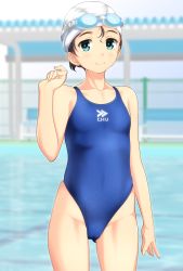 Rule 34 | 1girl, absurdres, black hair, blue eyes, cameltoe, cleft of venus, commentary request, competition swimsuit, cowboy shot, day, flat chest, gluteal fold, goggles, goggles on head, highres, logo, looking at viewer, one-piece swimsuit, original, outdoors, pool, short hair, smile, solo, standing, swim cap, swimsuit, takafumi