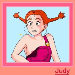 Rule 34 | 1girl, aliasing, blue background, border, braid, breasts, brown eyes, character name, daddy long legs, judy abbott, lowres, naked overalls, nippon animation, no bra, orange hair, overalls, short hair, simple background, small breasts, solo, star (symbol), sweatdrop, twin braids, watashi no ashinaga ojisan, world masterpiece theater