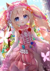 Rule 34 | 1girl, :d, animal ear fluff, animal ears, bare shoulders, blonde hair, blue eyes, blue hair, bow, cat ears, cat girl, cat tail, commentary request, day, dress, elbow gloves, flower, gloves, hair flower, hair ornament, hair ribbon, highres, long hair, looking at viewer, open mouth, orange flower, original, outdoors, pink dress, pink flower, pink ribbon, red flower, red rose, ribbon, rose, siera (sieracitrus), skirt hold, smile, solo, strapless, strapless dress, tail, tail bow, tail ornament, twintails, very long hair, white bow, white flower, white gloves