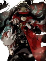 Rule 34 | 2girls, bad id, bad pixiv id, belt, black coat, black hair, black pants, blood, blood on clothes, cape, carrying, closed mouth, coat, fate (series), floating hair, gloves, haori, hat, hiiragi fuyuki, japanese clothes, koha-ace, long hair, multiple girls, oda nobunaga (fate), oda nobunaga (koha-ace), okita souji (fate), okita souji (koha-ace), pants, peaked cap, red cape, standing, very long hair, white gloves