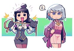 Rule 34 | 2girls, :d, puff of air, @ @, ^^^, absurdres, ace attorney, black gloves, blue eyes, blush stickers, bob cut, brown legwear, closed mouth, cosplay, costume switch, cowboy shot, earrings, floating earring, franziska von karma, franziska von karma (cosplay), gloves, grey skirt, grey vest, halftone, hand on own hip, hands up, haori, highres, holding, holding whip, japanese clothes, jewelry, juliet sleeves, long sleeves, looking at viewer, magatama, magatama necklace, maya fey, maya fey (cosplay), medium hair, miniskirt, mole, mole under eye, multiple girls, necklace, notice lines, open mouth, pantyhose, puffy sleeves, rariatto (ganguri), sash, shirt, skirt, smile, solid circle eyes, spoken sweatdrop, standing, sweatdrop, tomoe (symbol), topknot, vest, white shirt