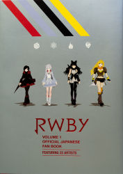 Rule 34 | 4girls, black hair, blake belladonna, blonde hair, boots, bow, copyright name, dress, english text, fanbook, fingerless gloves, full body, gloves, hair bow, highres, multiple girls, pantyhose, ponytail, ruby rose, rwby, scar, scarf, weiss schnee, white hair, yang xiao long