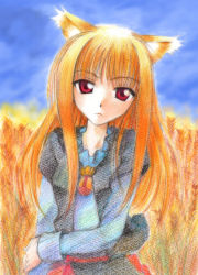 Rule 34 | 00s, 1girl, animal ears, brown hair, colored pencil (medium), gofu, holo, long hair, red eyes, solo, spice and wolf, traditional media, wheat, wolf ears