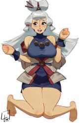 Rule 34 | 1girl, absurdres, adapted costume, barefoot, blur censor, breasts, censored, censored feet, facial mark, forehead mark, hair ornament, hair stick, hair tubes, highres, knees together feet apart, l4wless, large breasts, long hair, looking at viewer, nintendo, open mouth, paya (zelda), pointy ears, sheikah, smile, solo, the legend of zelda, the legend of zelda: breath of the wild, thighs, white hair