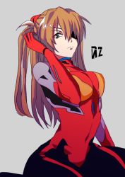 Rule 34 | 1girl, angry, blue eyes, bodysuit, breasts, brown hair, curvy, evangelion: 3.0 you can (not) redo, eyepatch, hair ornament, hairclip, hand up, interface headset, large breasts, long hair, looking at viewer, navel, neon genesis evangelion, plugsuit, rebuild of evangelion, serious, simple background, sitting, solo, souryuu asuka langley, thighs, tsundere, twintails, very long hair, wide hips