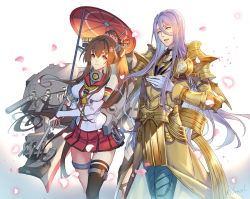 Rule 34 | 1boy, 1girl, armor, blue eyes, brown hair, cannon, cherry blossoms, commentary request, company connection, cowboy shot, crossover, detached sleeves, flower, full armor, gloves, gold armor, hachisuka kotetsu, hair between eyes, hair flower, hair ornament, headgear, hip vent, kantai collection, kikumon, long hair, machinery, oil-paper umbrella, ponytail, purple hair, red skirt, red umbrella, simple background, single thighhigh, skirt, thighhighs, touken ranbu, turret, umbrella, white background, white gloves, yamato (kancolle), yamatsuki sou, z flag