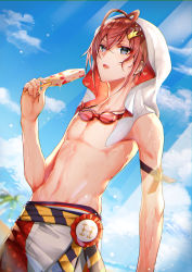 Rule 34 | 1boy, absurdres, blue eyes, crown, food, heart, heart print, highres, ice cream, looking at viewer, male focus, male swimwear, mini crown, multicolored clothes, multicolored male swimwear, multicolored swim trunks, multicolored swimsuit, open mouth, print male swimwear, print swim trunks, print swimsuit, red hair, red male swimwear, red swim trunks, riddle rosehearts, short hair, solo, spade print, swim trunks, swimsuit, twisted wonderland, white male swimwear, white swim trunks, yuduki (tt-yuduki)